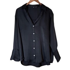 ZARA Black Satin Button Up Long Sleeve Blouse Top Womens Size L Work Minimalist